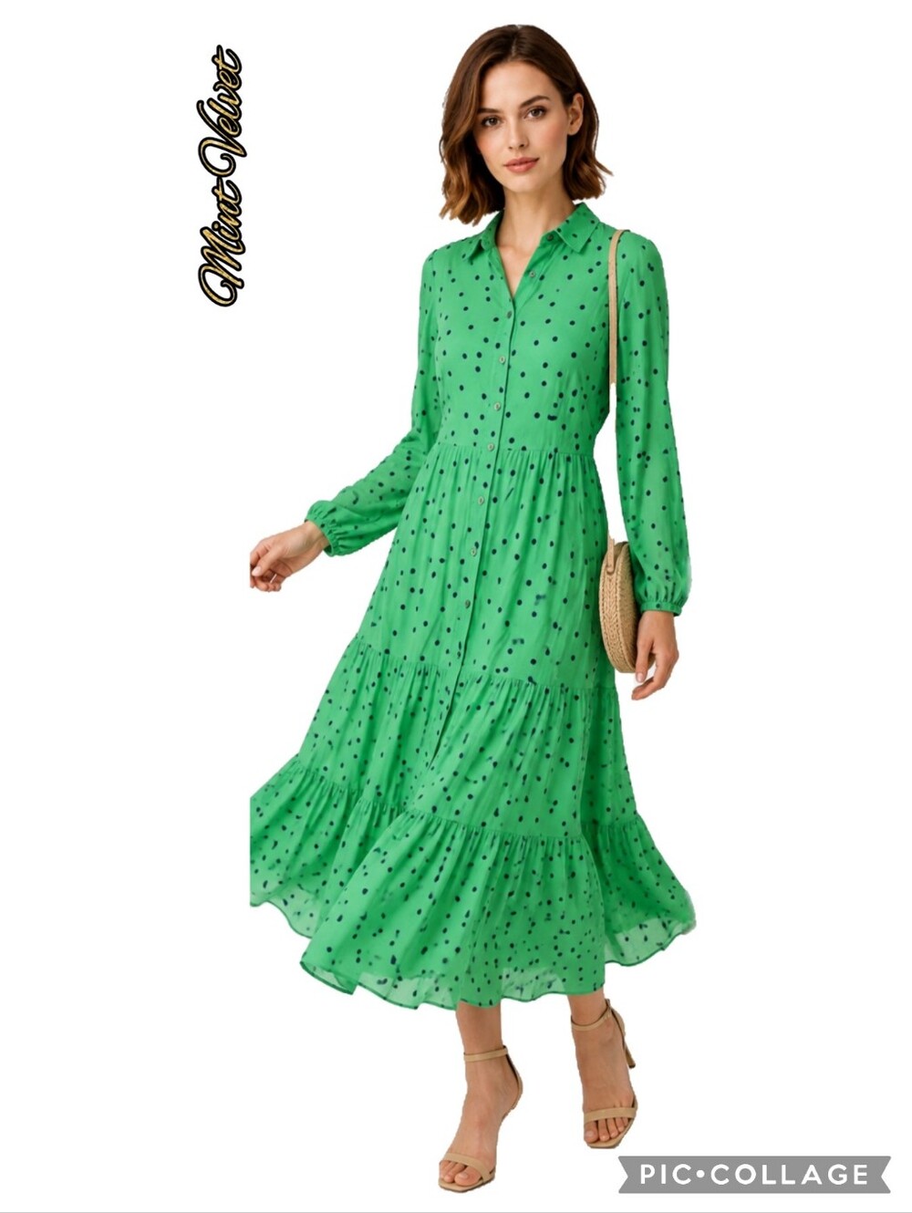 Mint Velvet maxi dress polka dot, ruffled layers, button-front, long sleeve